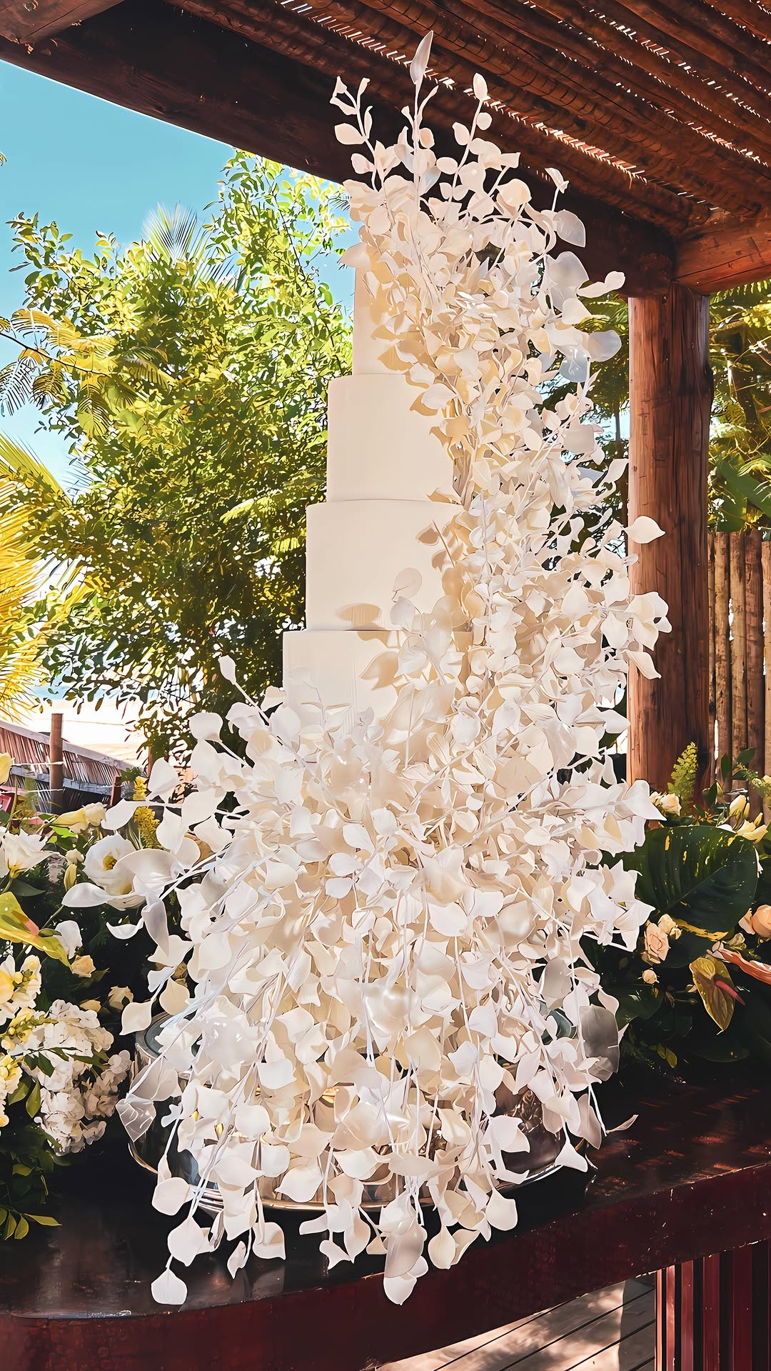 Bolo de casamento branco com cascata de folhas de açúcar